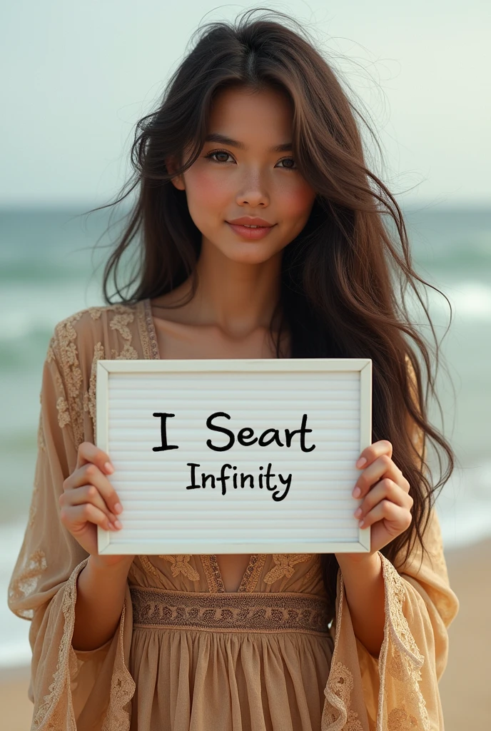 Beautiful girl with wavy long hair, bohemian dress, holding a white board with text "I Love Seaart Infinity" and showing it to the viewer