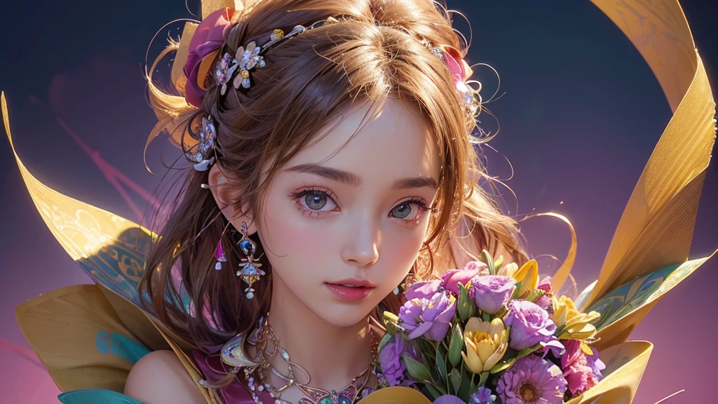 32K, 最高quality, 最高masterpiece, (ultra-Detailed Background, Detailed Background), High resolution, Super detailed, Very detailedな, One girl, (bouquet:1.3), (Tangled:1.2), (Geometric:1.2),(colorful),(masterpiece, quality, best quality, Official Art, Beautiful and beautiful:1.2), (1 girl:1.3), Very detailed,(colorful:1.1)(Flowers:1.3),Most detailed,(Tangled:1.2), whole body, (Abstract background:1.3), (Skin glows), (Many colors:1.4), ,(Earrings Jewelry:1.5), Pink Background,