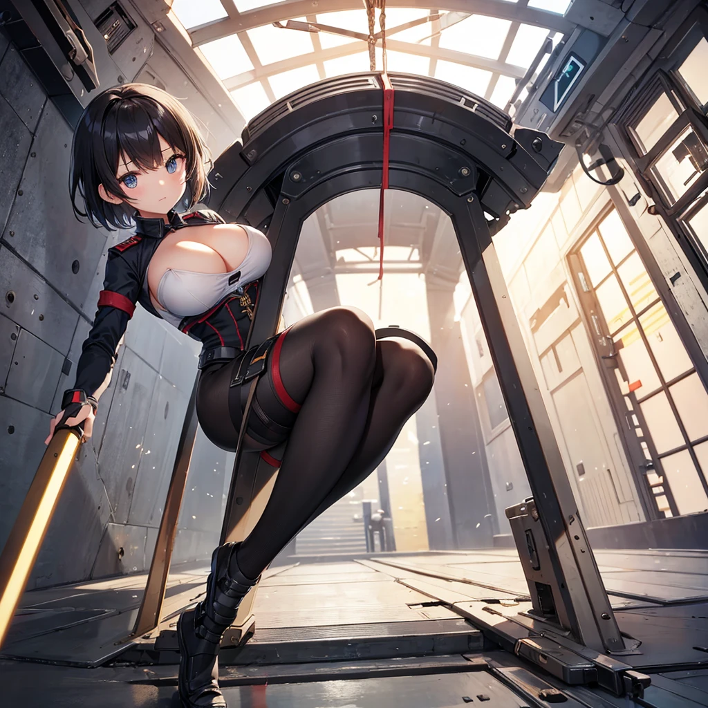 、Earth Federation Operator Girl Soldier、Black short hair、Large Breasts、Cute like an idol、Childish face and appearance、Accurately drawn faces、thin、Cleavage、Tattered clothes、健康的なKnee-lengthスカート風の地球連邦軍、Knee-length、Inside the bridge of a battleship、Low angle shot、Anatomically correct、Accurate Fingers、Accurate Rimbuster Piece、Photorealization、Butt、Leaning forward、Stand with your legs spread、(Stand with your legs spread:1.4)、Forward bending、(lower one's head:1.2)、foot、footを伸ばす、Waist、Behind the knee、Forward tilt、Low angle、look back