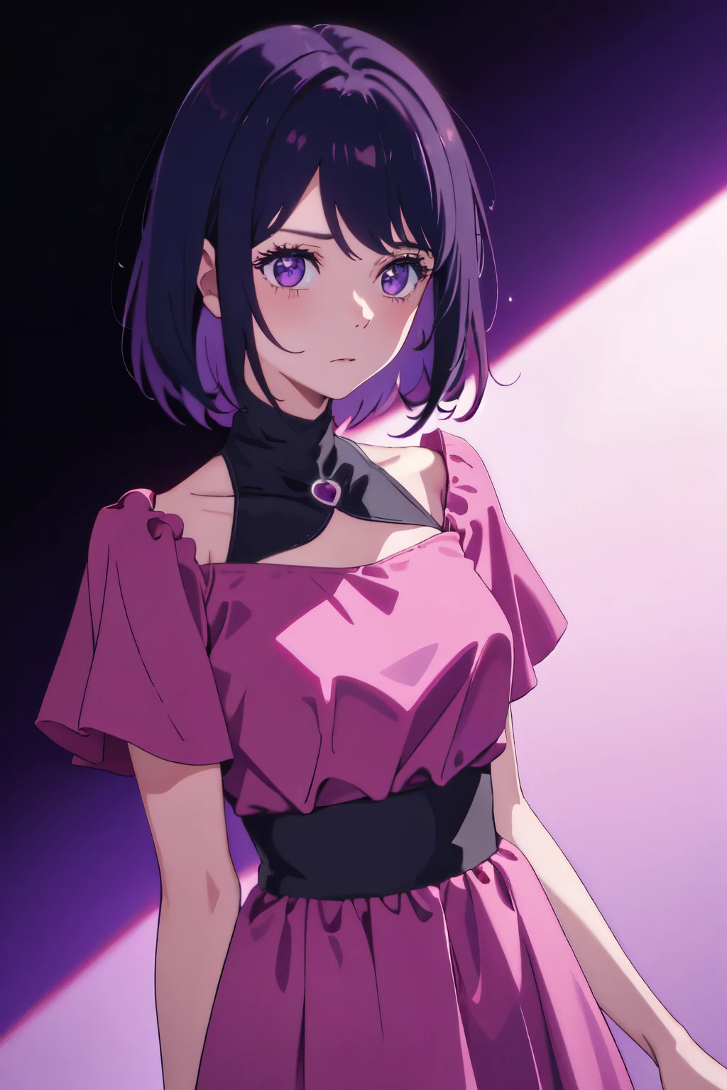 Girl with short purple hair in pink dress, beautiful advanced background in purple color, Ultra-high image quality, looks away from the camera.