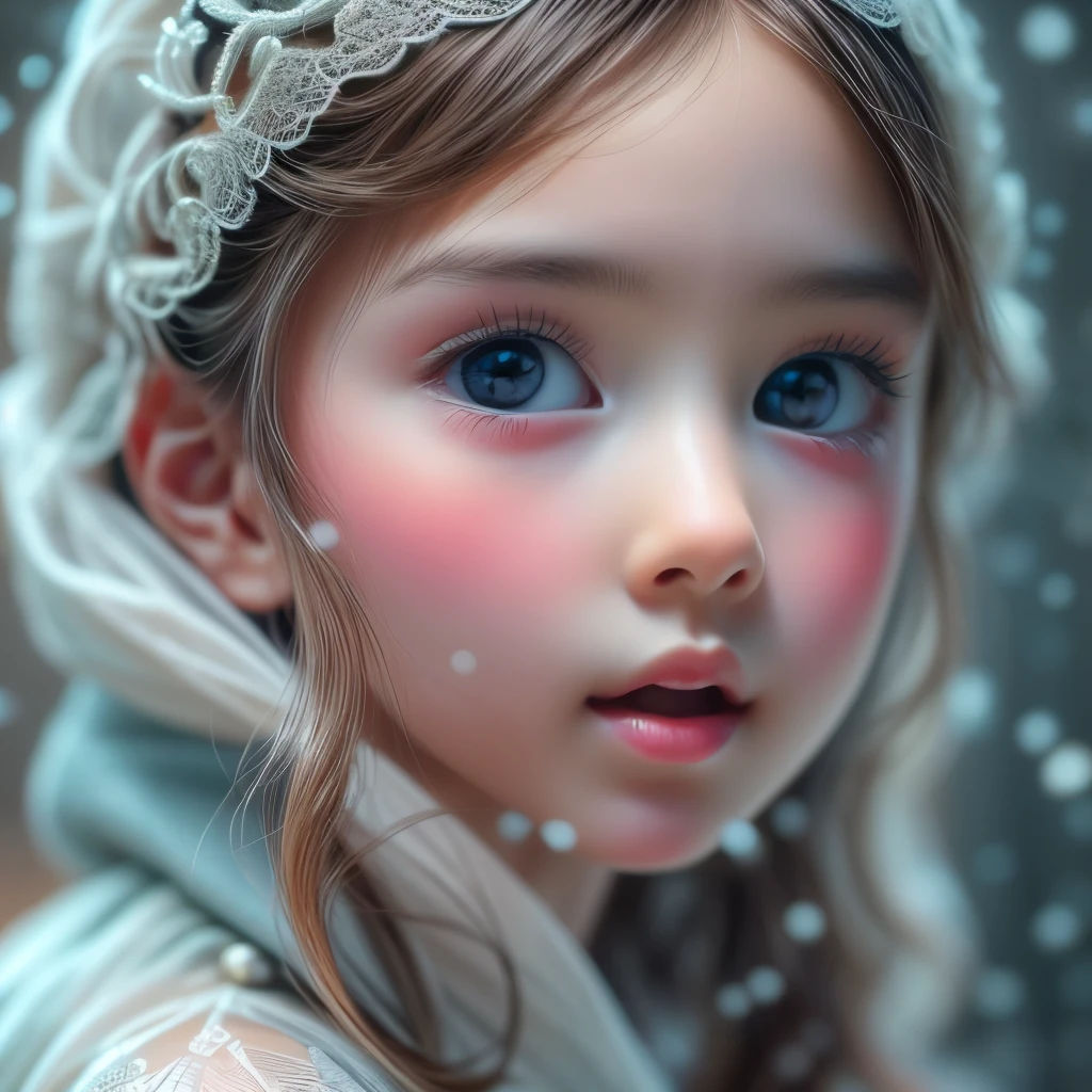 (extremely delicate and beautiful Girl:1.2), complex details, enlarged textures, complex details, finely detailed eyes and detailed face, intricate details, (Dynamic LifeLike Rendering), perfect eyes, Reflective eyes, perfect body, extremely detailed, (Child), extremely realistic (TopQuality Masterpiece 8K UltraDetailed (ProfessionalPHOTO:1.37))(Acutance:0.8), Snow Particles 