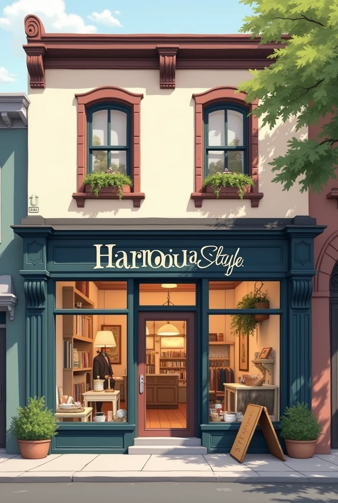make an image that has the following characteristics. be two-story, a large window on the second floor, the store front with the symbol and name "harmonia style" two windows downstairs and a large glass door. I wish the store wasn't so big. the windows can be small windows.