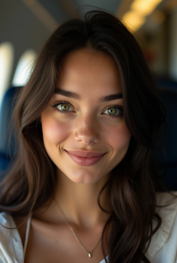 Jolie belle brune (black har) (dans un avion),selfie, Low cut, very detailed, 18 ans, Visage innocent, naturally wavy hair, yeux verts, high resolution, head of&#39;ouvrages d&#39;art, best quality, intricate details, very detailed, mise au point nette, detailed skin, texture de peau realistic, texture, detailed eyes, professionnel, 4K, charming smile, prise avec Canon, 85 millimeters, slight depth of field, Kodak Vision Color, corps parfaitement ajusté, extremely detailed, Photograph_\(ultra\), photographiquerealistic, realistic, Post-traitement, Maximum details, roughness, real life, ultrarealistic, photorealism, photographie, 8k uh, photographie