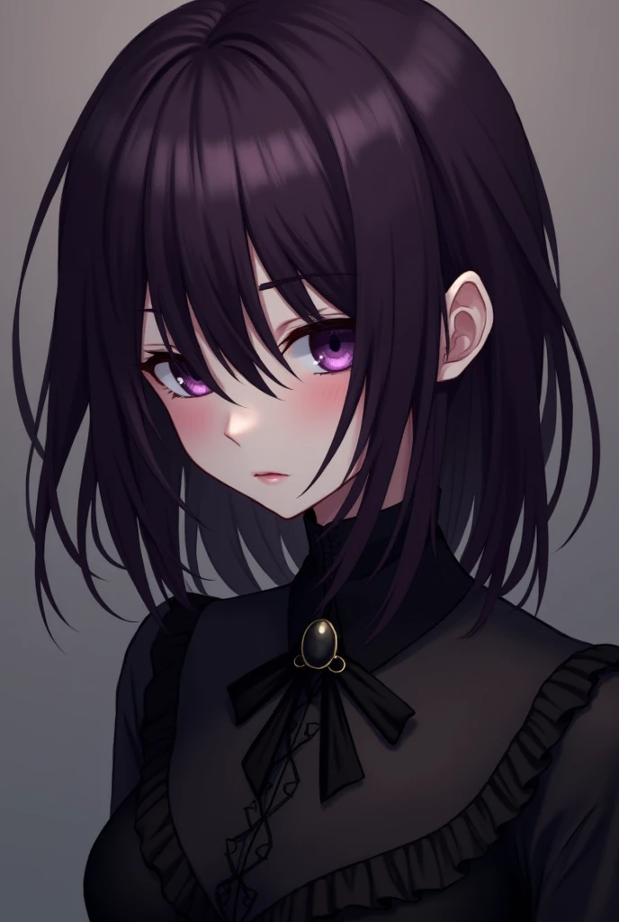 cute sad goth anime girl, dark makeup, 20 years old, dark purple shoulder length hair, eyes hidden behind her hair