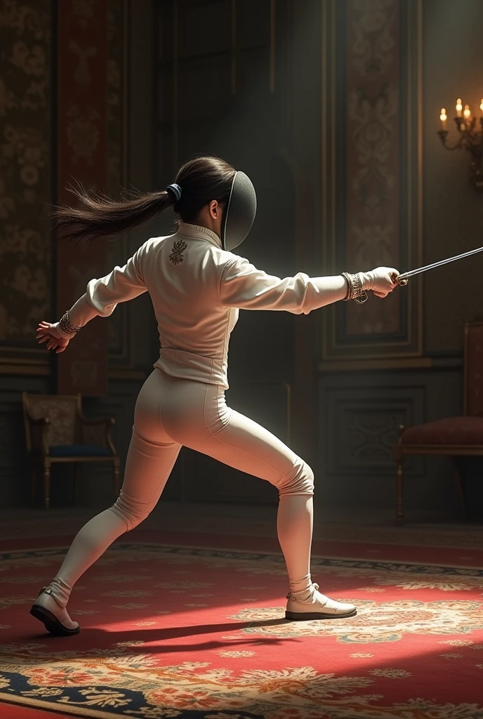 A thin fencer with black hair
