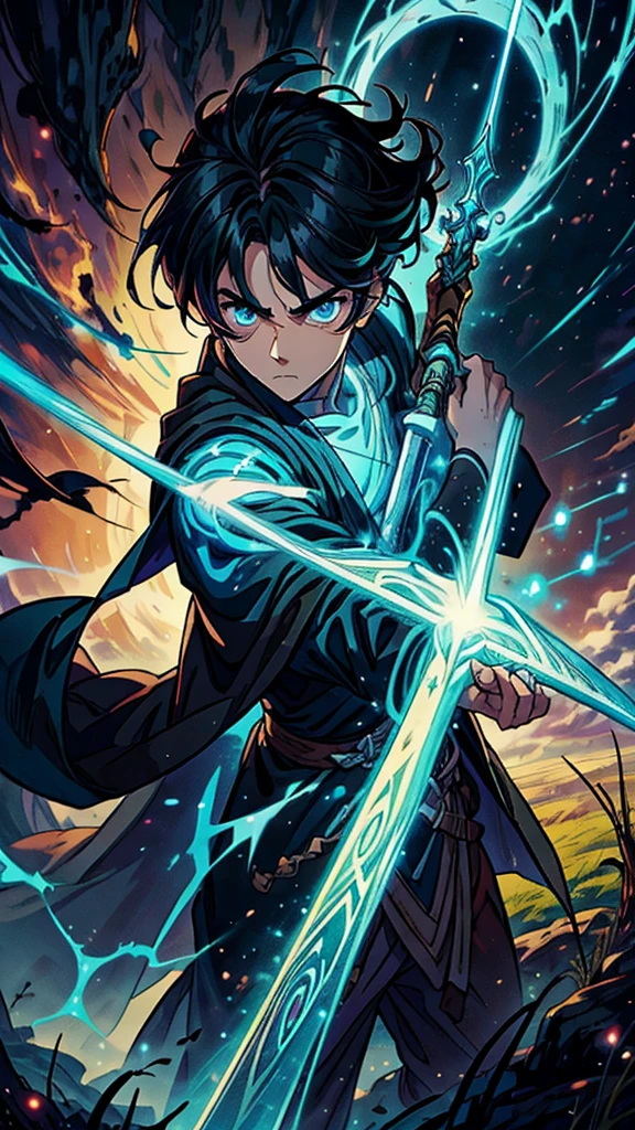 -High quality- -masterpiece- -Anime style- a man with black hair, light blue eyes, handsome, slim, wearing a brown wizard's robe, holding a long magic staff, walking around meadow with a nice sunrise, serious expression, that has a lot of aura
