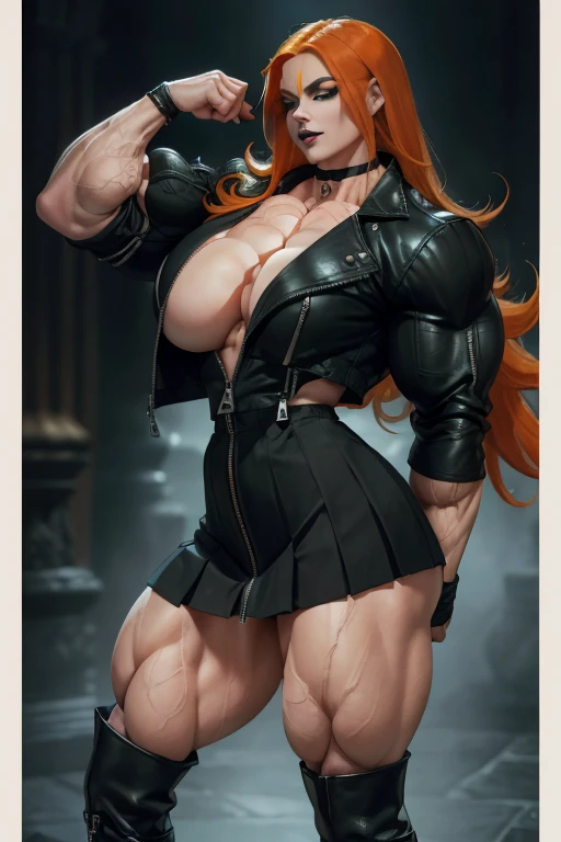 ((Close-up)), tall, (orange hair) beautiful muscular woman, long shaggy hair, pale white skinned, closed smile, (black lipstick), (massive muscles), (hyper muscle), (ginormous bulky muscles), glowing green eyes, (((long black zipped jacket))) ((long black pleated skirt)), choker, boots, night in Scotland,