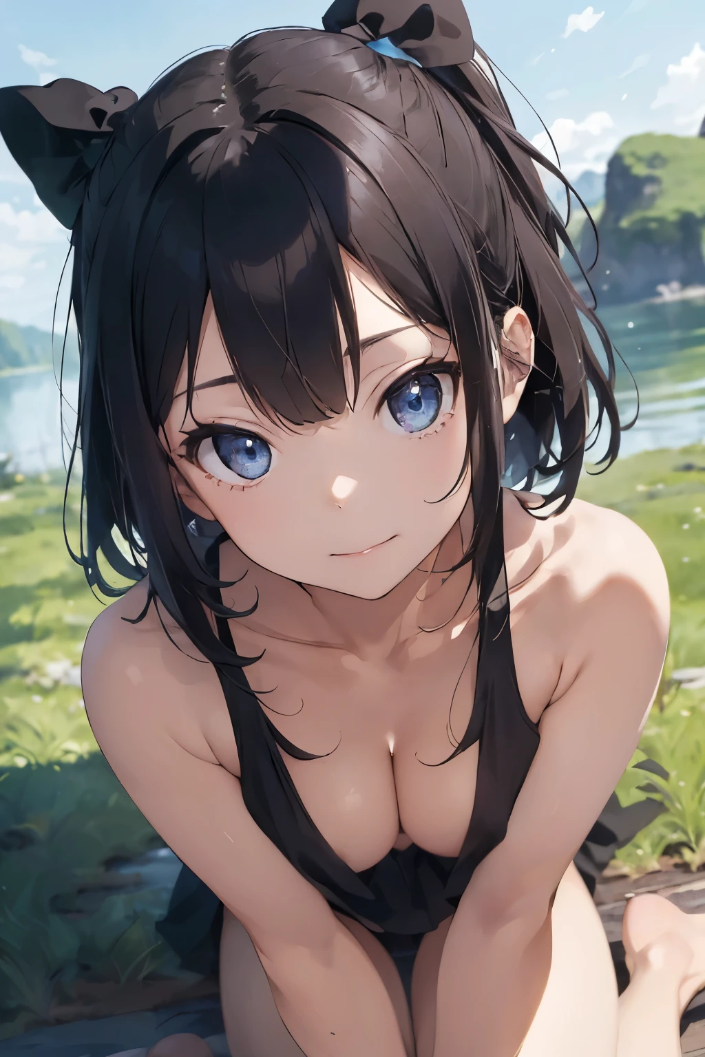 ((Top Quality)), ((Excellent)), (Details),,((Japanese)),, Black Hair,(Childish face),((Straight Hair)), shiny hair, a Girl ,((small Breasts)), ((Blue Eyes)),masterpiece, (Chuckle-Smile), ultra realistic, 32k, extremely detailed CG unity 8k wallpaper,((overhead shot)),from above, ((all fours)), ((extreme_close_up)) ,((Emphasize the cleavage)), ((Nude)), ((topless))  , best quality, Natural Light, Straight Hair, blunt bangs, Bedroom, 1girl, black bow, stunning environment ,vibrant colors ,((extreme_close_up)) ,overhead shot,((crawling position)), ((extreme_close_up)) ,((Emphasize the cleavage)), solo, Straight Hair, blunt bangs, hair bow, hair ribbon, ribbon, outdoors, (Grassland), lake, 1girl, black bow , stunning environment ,vibrant colors ,((small Breasts)),