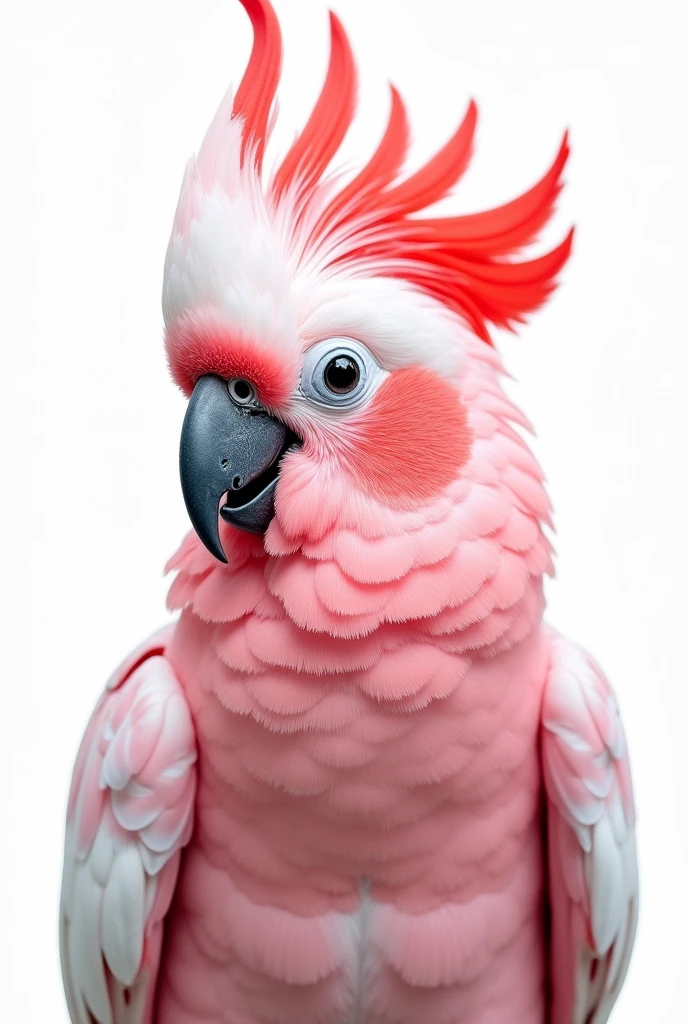 white background, photo of a pink and white cockatoo with red wings on its head, painted in the style of hyper realistic


