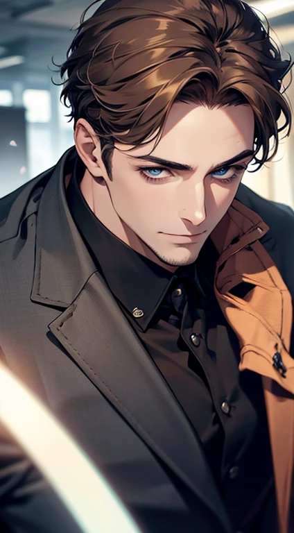 (best quality,4k,8k,highres,masterpiece:1.2),ultra-detailed,(realistic,photorealistic,photo-realistic:1.37),1 man,31 years old, man,very handsome,without expression,smile,short grey brown hair,blue eyes,penetrating gaze,perfect face without errors,imposing posture,businessman,office background,cinematic lighting,hdr image