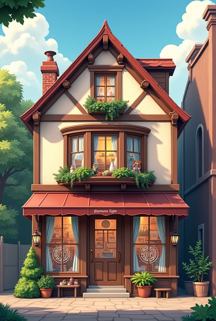 make an image that has the following characteristics. be two-story, a large window on the second floor, the store front with the symbol and name "harmonia style" two windows downstairs and a large glass door. I wish the store wasn&#39;t so big. 