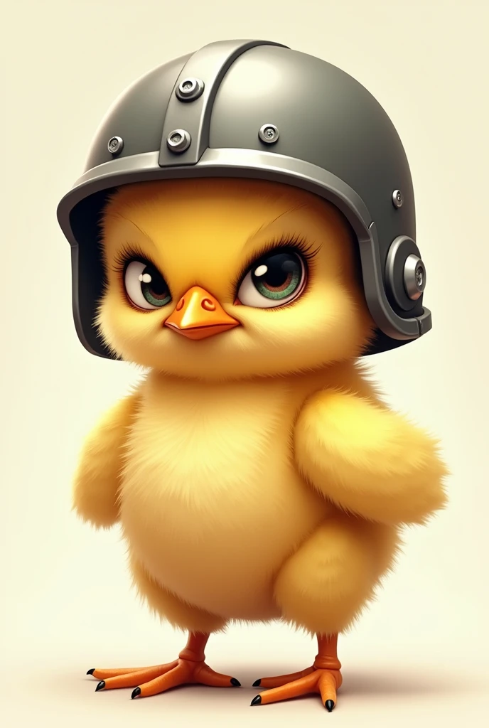 A chick with a helmet and angry