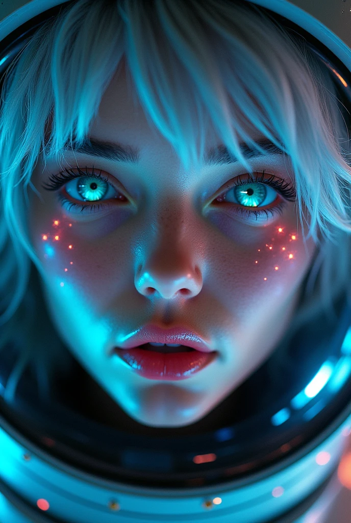 (Close-up of a better masterpiece:1.5)0.9], (Space and astronauts:1.2) (Messy silver hair:1.1) (Heterochromia xanthochromia and blue eyes:1.2) (Space Helmet:1.0) (Colored stars in the eyes:1.0) (A radiant glow:1.1) (thick lips:0.9)