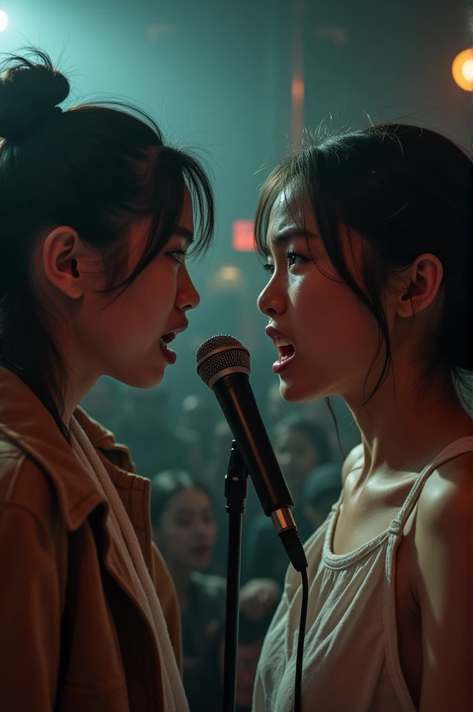 realistic photo, Rap battle between two Asian girls with microphone, one making the other cry