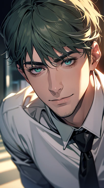 (best quality,4k,8k,highres,masterpiece:1.2),ultra-detailed,(realistic,photorealistic,photo-realistic:1.37),1 man,31 years old,mature man,very handsome,without expression,smile,short grey green hair,blue eyes,penetrating gaze,perfect face without errors,imposing posture,businessman,office background,cinematic lighting,hdr image