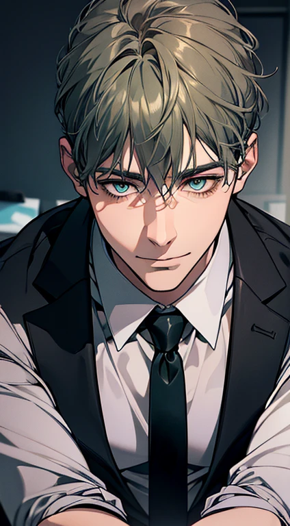 (best quality,4k,8k,highres,masterpiece:1.2),ultra-detailed,(realistic,photorealistic,photo-realistic:1.37),1 man,31 years old,mature man,very handsome,without expression,smile,short grey green hair,blue eyes,penetrating gaze,perfect face without errors,imposing posture,businessman,office background,cinematic lighting,hdr image
