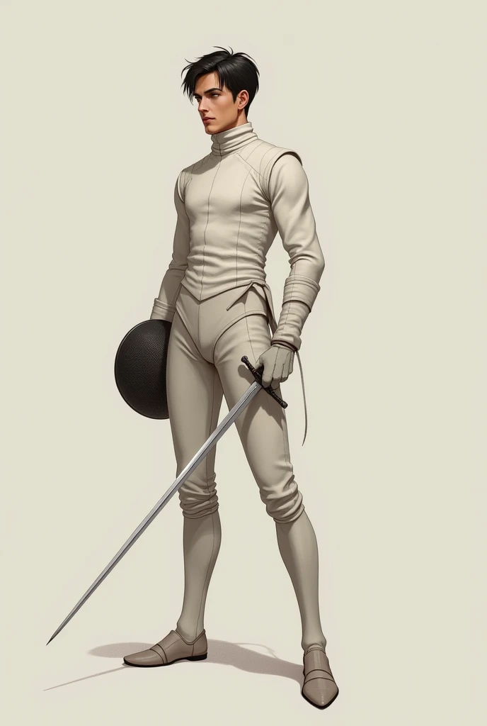 A thin male fencer with black hair looking forward 
