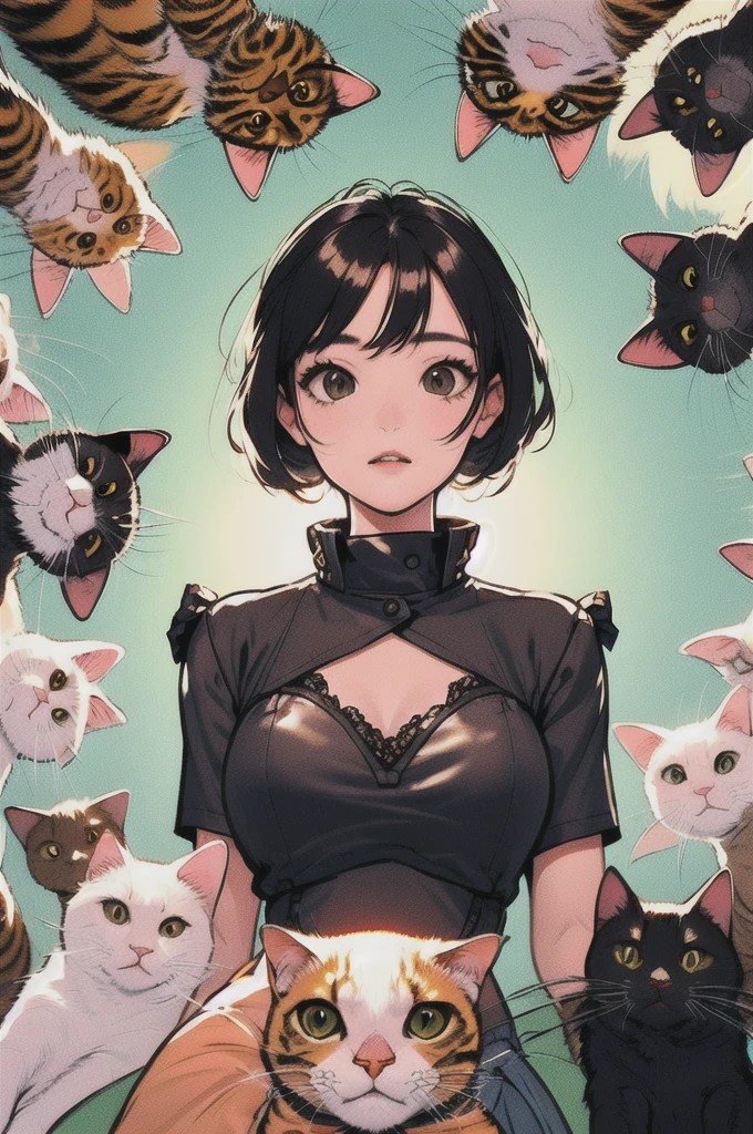 (masterpiece, best quality), 1girl,    surrounded by cat,