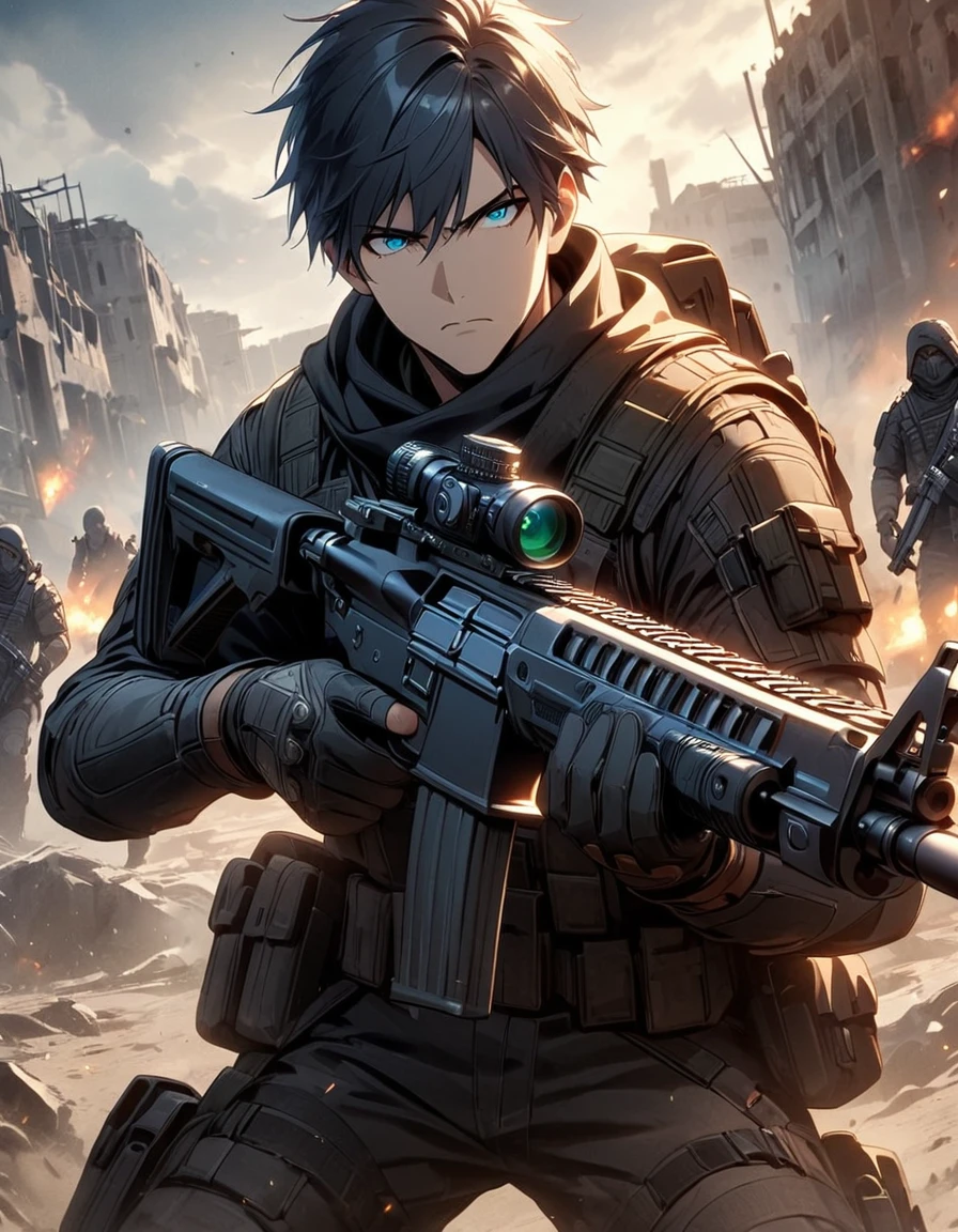 Masterpiece, best quality, 1 man, 30 year old man, focus man, alone, alone focus, black hair, Turquoise eyes, black bulletproof vest, Mercenaries, (holding an assault rifle), Standing position, Standing shooting position, Battlefield backdrop, War zone, serious, solemn face, Dangerous atmosphere,Make it a movie style poster with a title "Gate invocando america 2099".