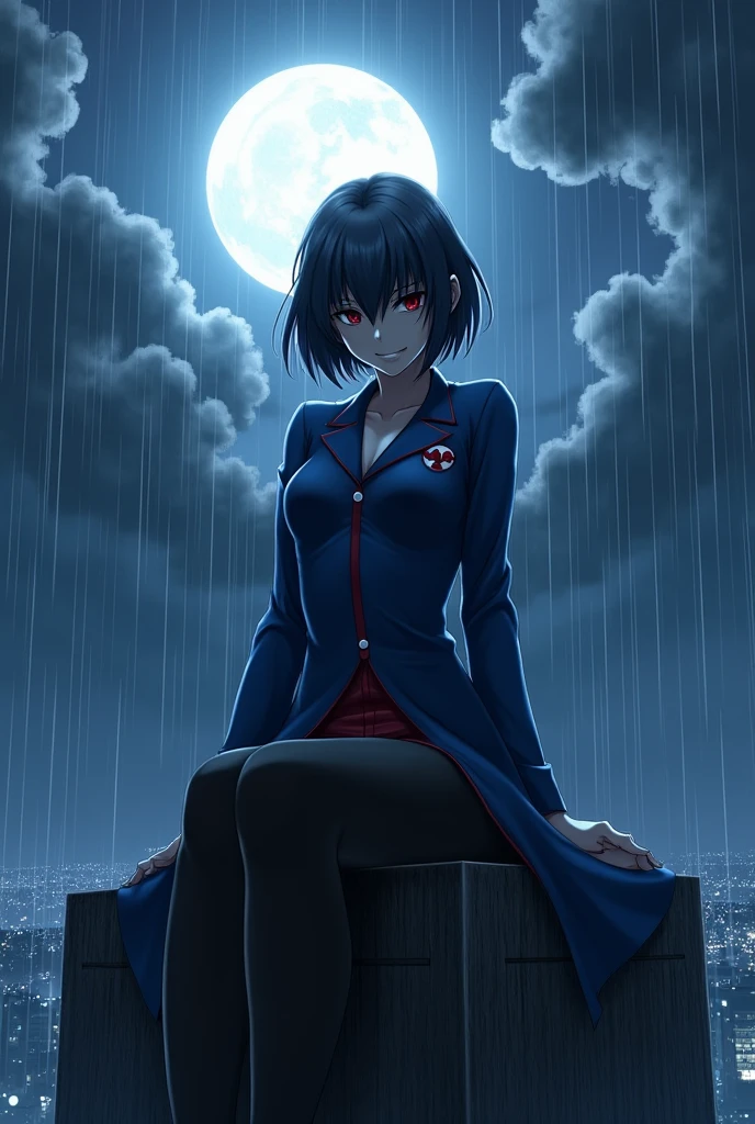 create an image of an adult anime girl sitting with legs crossed on top of a building, with a sadic smile expression on her face, short hair hiding her eyes and an tight and long blue akatsuki uniform, but with blue clouds instead of red and a pair of black stockings completely covering your legs, under the heavy rain and a full moon with several clouds around