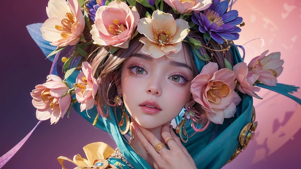 32K, 最高quality, 最高masterpiece, (ultra-Detailed Background, Detailed Background), High resolution, Super detailed, Very detailedな, One girl, (bouquet:1.3), (Tangled:1.2), (Geometric:1.2),(colorful),(masterpiece, quality, best quality, Official Art, Beautiful and beautiful:1.2), (1 girl:1.3), Very detailed,(colorful:1.1)(Flowers:1.3),Most detailed,(Tangled:1.2), whole body, (Abstract background:1.3), (Skin glows), (Many colors:1.4), ,(Earrings Jewelry:1.5), Pink Background,