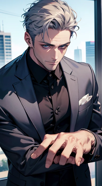 (best quality,4k,8k,highres,masterpiece:1.2),ultra-detailed,(realistic,photorealistic,photo-realistic:1.37),1 man,31 years old,mature man,very handsome,without expression,smile,short grey blue hair,blue eyes,penetrating gaze,perfect face without errors,imposing posture,businessman,office background,cinematic lighting,hdr image