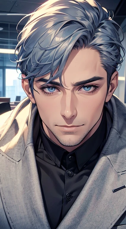 (best quality,4k,8k,highres,masterpiece:1.2),ultra-detailed,(realistic,photorealistic,photo-realistic:1.37),1 man,31 years old,mature man,very handsome,without expression,smile,short grey blue hair,blue eyes,penetrating gaze,perfect face without errors,imposing posture,businessman,office background,cinematic lighting,hdr image