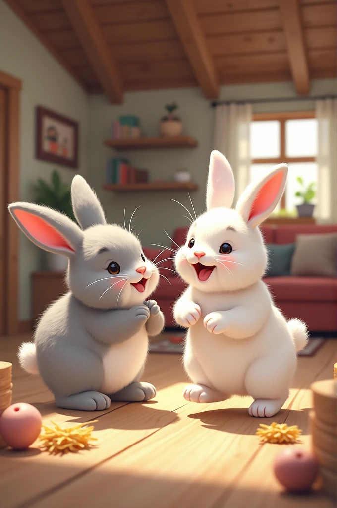 2 bunnies playing in their house