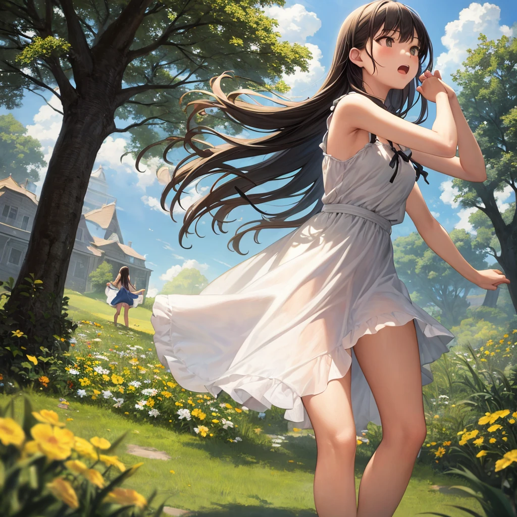 ((best quality)), ((masterpiece)), (detailed), 1girl, sundress, raising arm, reaching tree.