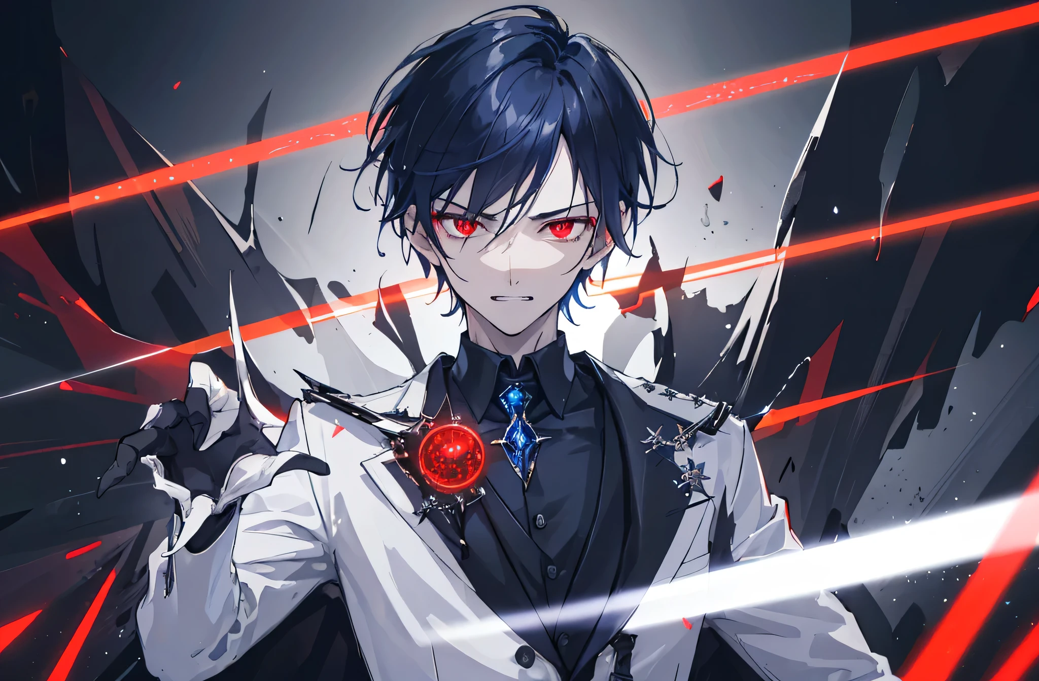 {{top-quality,masterpiece,8k wallpaper}},Ultra-detailed CG Unity,Particle,Cinematographic lighting,((1 ager)),a handsome,a 20-year-old boy,slender,Looking at the camera,Looming,evil smile,Vicious face,close up of face,sharp gaze,((Glowing eyes,red eyes,pupils are small)),Dark blue hair,short-haired,hair messy,put your hair up,White skin gloves,A sexy,White jacket,Black shirt,Dark blue tie,Vampire,double tooth,Church at night,stain glass,dynamic angle,dynamic pose,long sword in his hand,