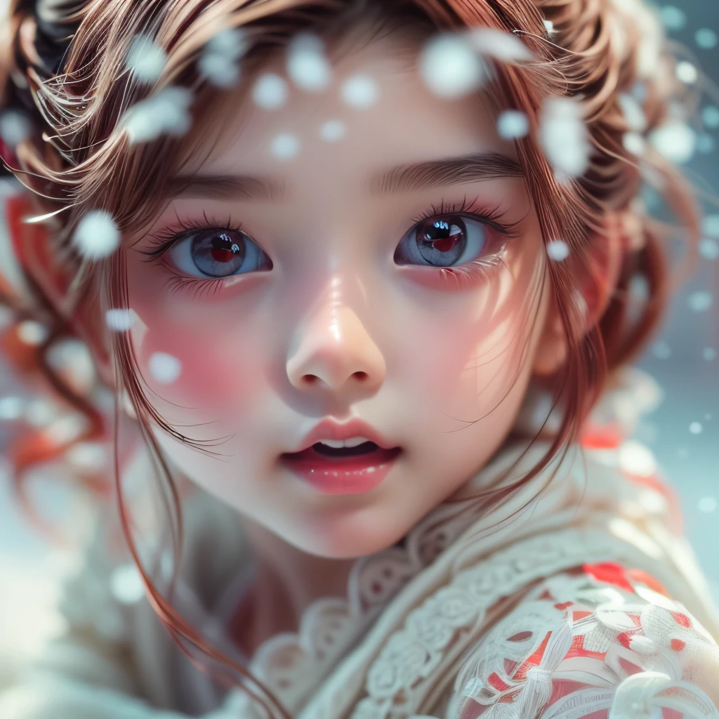 Red in White,(extremely delicate and beautiful Girl:1.2), complex details, enlarged textures, complex details, finely detailed eyes and detailed face, intricate details, (Dynamic LifeLike Rendering), perfect eyes, Reflective eyes With Sparkling Highlights, perfect body, extremely detailed, (Child), extremely realistic (TopQuality Masterpiece 8K UltraDetailed (ProfessionalPHOTO:1.37))(Acutance:0.8), Snow Particles, 