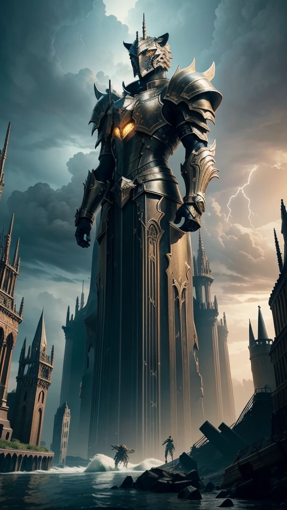 Build an image depicting the pivotal moment of the concept of 'The Final Stand': a bridge between two worlds where a lone figure confronts two titanic forces. On one side, a mechanical tiger charged with electricity stands ready to strike, and on the other, an illuminated pegasus in golden armor channels mystical energy. The backdrop is a city where gothic spires rise amidst futuristic buildings under a sky alive with the chaos of a brewing storm. Additional warriors are seen clashing in the distance, adding to the sense of an epic battle. High-detail rendering for both the knight and titan, with a dynamic and stormy background. The model should emphasize the contrast between the gothic and futuristic architectural elements.