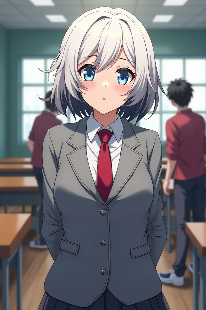 Screenshot my hero academia a girl with short wavy light white hair with black highlights . With blue slanted eyes, wearing her UA school uniform ( gray jacket with red tie) being in a classroom 
