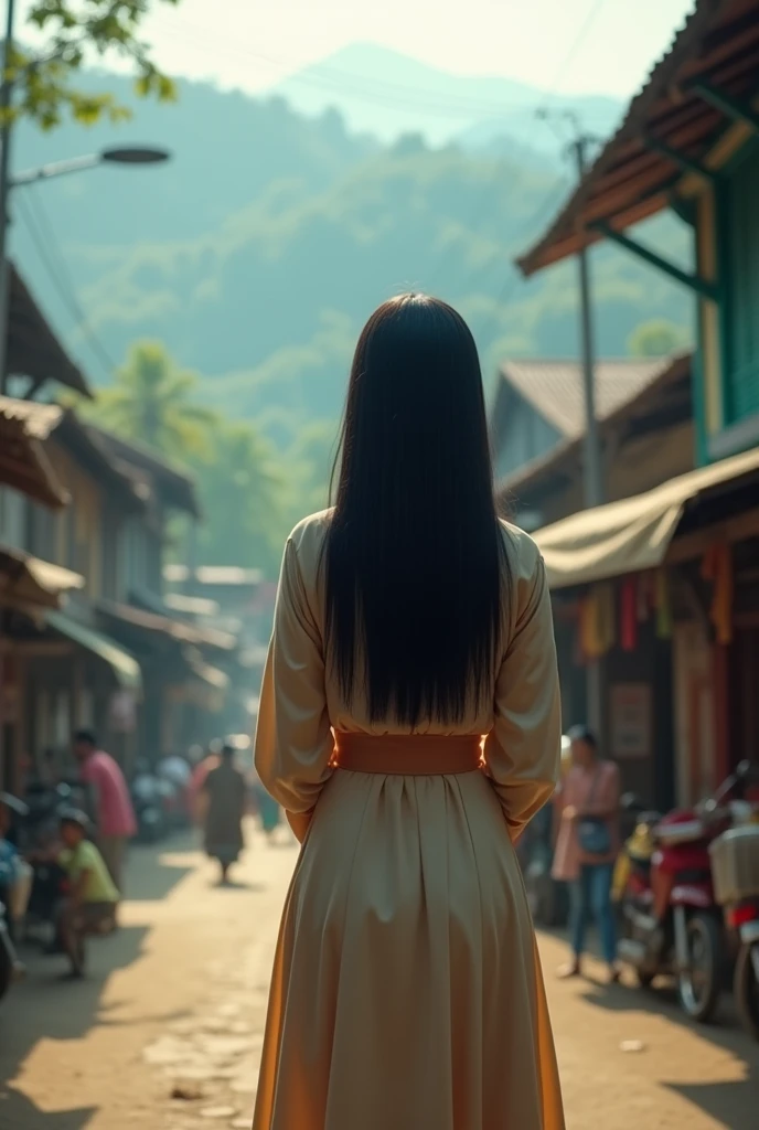 Beautiful girl with straight long black hair, modest dress, checking the view, more of street of meghalaya more realistic, no figure no face , chubby