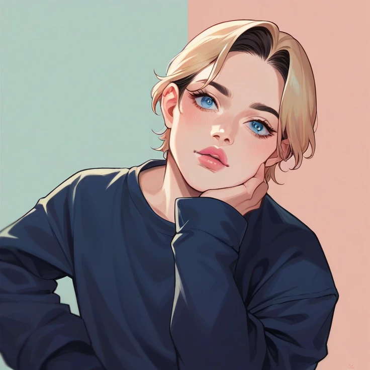 jeon jungkook with pink lips with lighter edges, pink cheeks, soft skin with moles on the face, well contrasted facial tones and blue eyes. Semi realistic and jet black hair