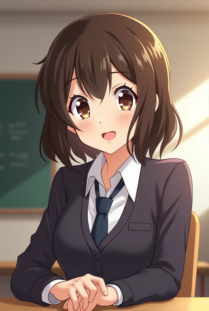 My hero academia screenshot.
Girl with medium short brown layered hair,
with bangs. that has brown eyes and has a happy expression. She is wearing the UA uniform and in the background she has a UA school class and she is sitting at a table.