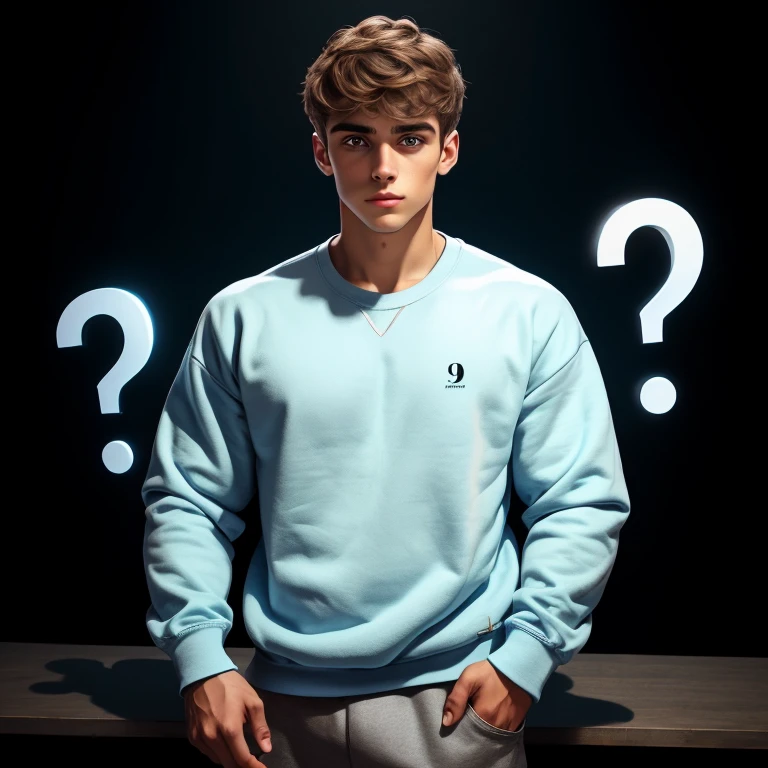a very handsome young man, big eyes, simple light blue sweatshirt with long sleeves, standing in front of a question mark table on a black background