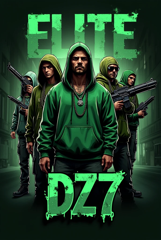 create a logo with the name ELITE DZ7 with gang characters in green clothes and guns in hand