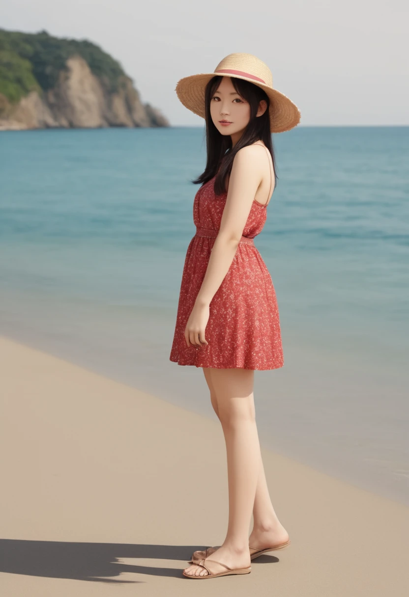 masterpiece、Mastepiece、Award-winning、One girl、cute、Wear a straw hat、Dress、彼女はOcean辺でふざけてはしゃぐ、It's summer、The background is a sandy beach、Ocean