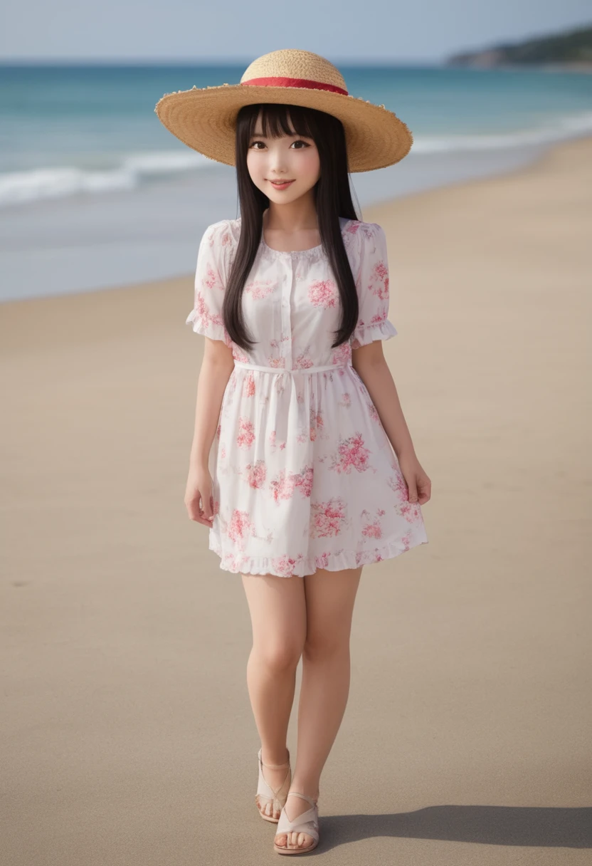 masterpiece、Mastepiece、Award-winning、One girl、cute、Wear a straw hat、Dress、彼女はOcean辺でふざけてはしゃぐ、It's summer、The background is a sandy beach、Ocean