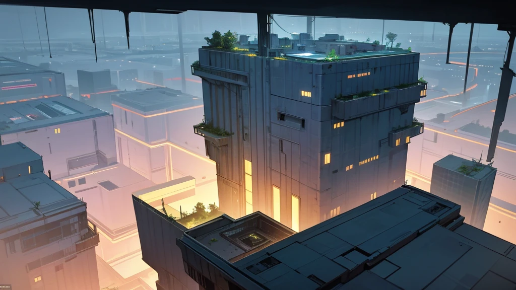 make the scene seen from above the top of a building at night, a flat landscape. The building will be in a futuristic abandoned city with vines and plants taking over the place.