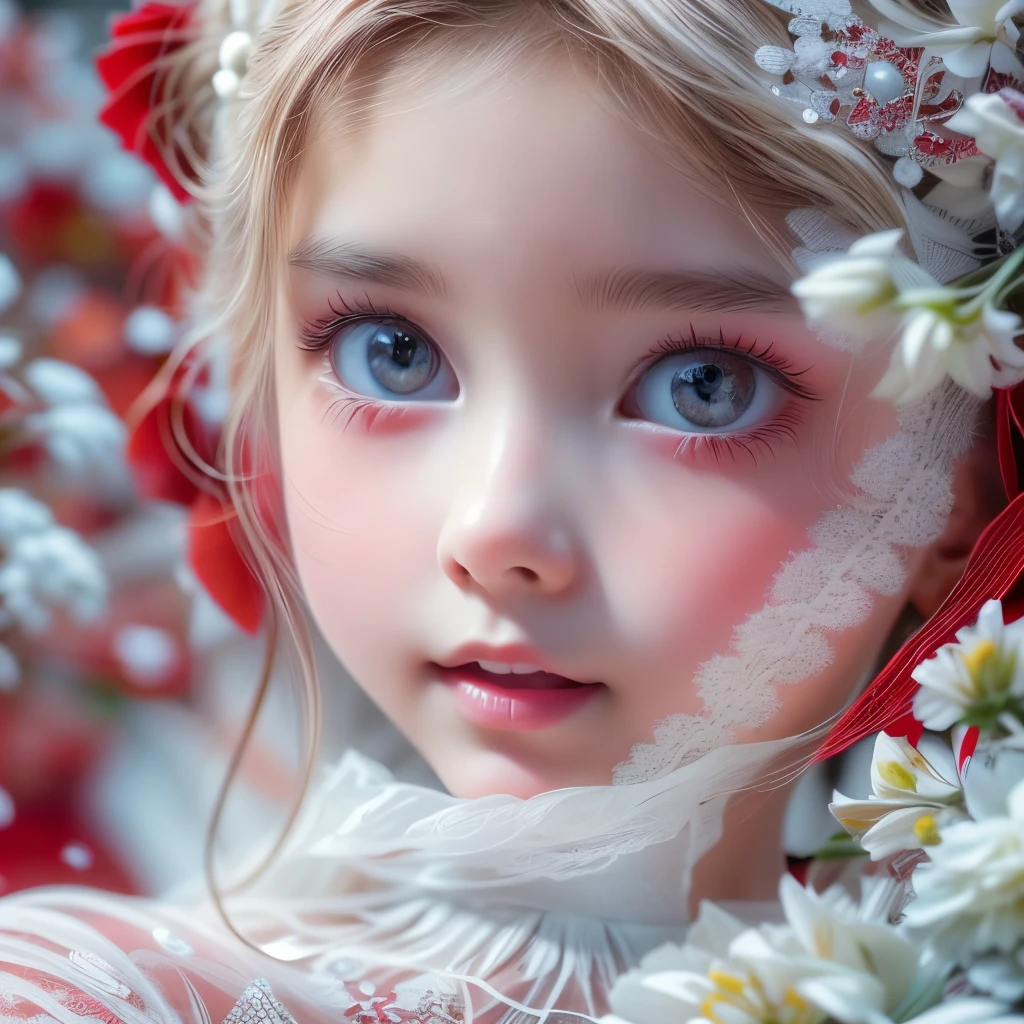Red in White,(extremely delicate and beautiful Girl:1.2), complex details, enlarged textures, complex details, finely detailed eyes and detailed face, intricate details, (Dynamic LifeLike Rendering), perfect eyes, Reflective eyes With Sparkling Highlights, perfect body, extremely detailed, (Child), extremely realistic (TopQuality Masterpiece 8K UltraDetailed (ProfessionalPHOTO:1.37))(Acutance:0.8), Snow Particles,