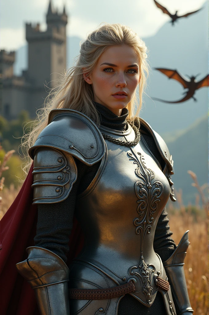 (work of art), (extremely complex:1.3), (realisitic), Portrait of a pretty, (medieval armor), metallic reflections, trunk, plein-air, Strong Sunlight, castle with dragons flying over it , professional photography of a stunning woman detailed, sharp focus, Dramatic, awardwinning, cinematic lighting, octane render unreal engine, volumetric dtx, (film grain, nblurry background, blurry foreground, bokeh, Depth of field, sunset, motion-blur:1.3), Chain mail