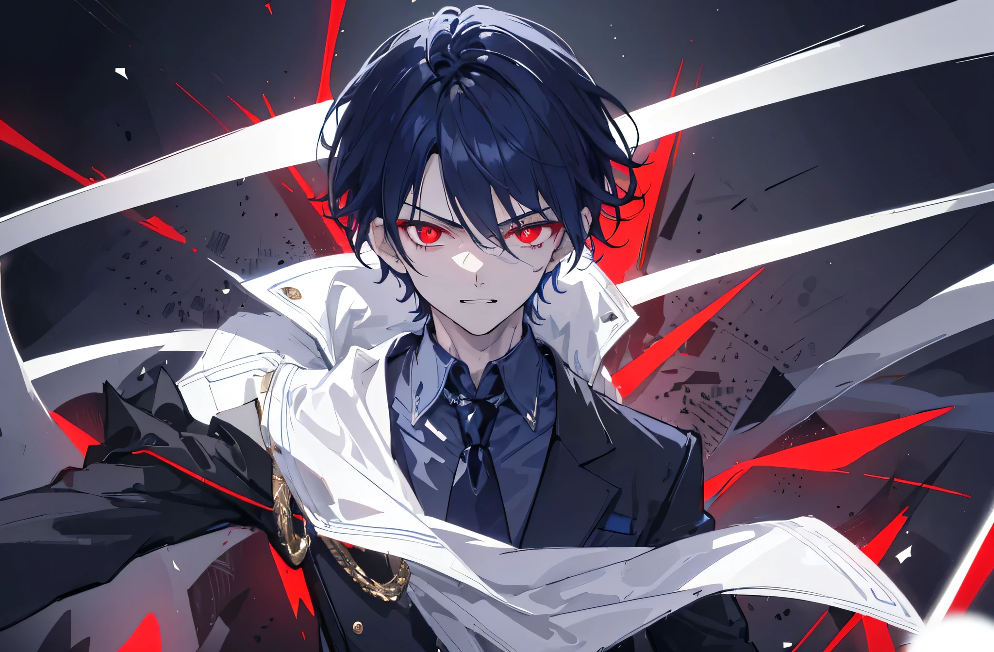 {{top-quality,masterpiece,8k wallpaper}},Ultra-detailed CG Unity,Particle,Cinematographic lighting,((1 ager)),a handsome,a 20-year-old boy,slender,Looking at the camera,Looming,evil smile,Vicious face,close up of face,sharp gaze,((Glowing eyes,red eyes,pupils are small)),Dark blue hair,short-haired,hair messy,put your hair up,White skin gloves,A sexy,White jacket,Black shirt,Dark blue tie,Vampire,double tooth,Church at night,stain glass,dynamic angle,dynamic pose,long sword in his hand,