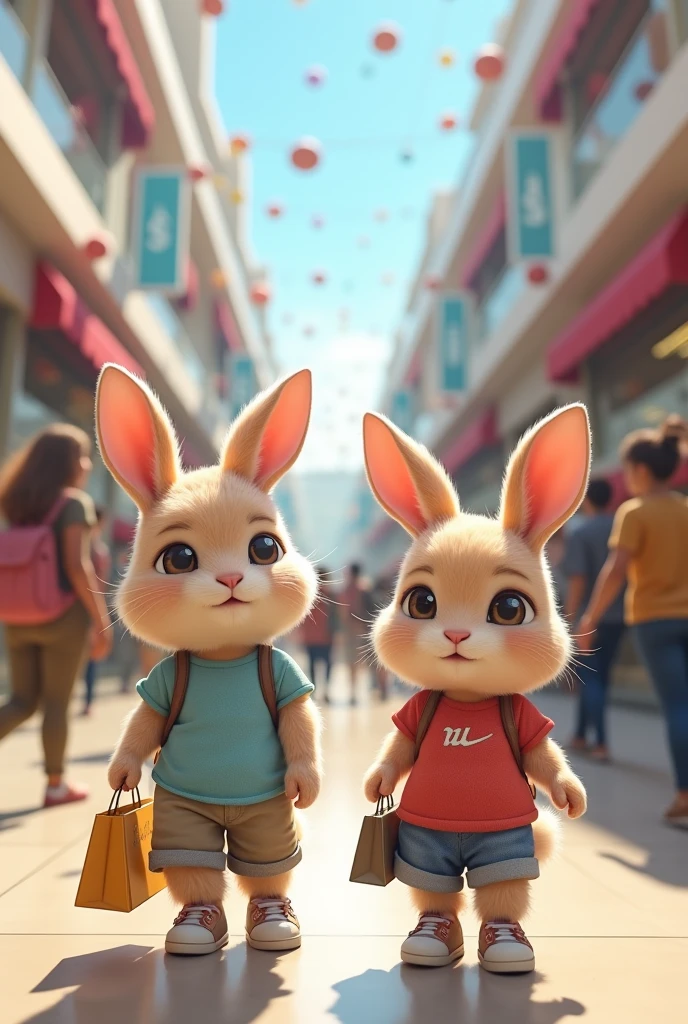 The same 2 bunnies going shopping at the mall