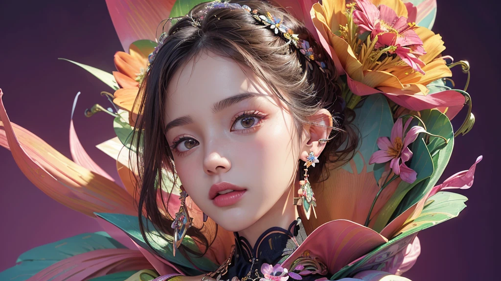 32K, 最高quality, 最高masterpiece, (ultra-Detailed Background, Detailed Background), High resolution, Super detailed, Very detailedな, One girl, (bouquet:1.3), (Tangled:1.2), (Geometric:1.2),(colorful),(masterpiece, quality, best quality, Official Art, Beautiful and beautiful:1.2), (1 girl:1.3), Very detailed,(colorful:1.1)(Flowers:1.3),Most detailed,(Tangled:1.2), whole body, (Abstract background:1.3), (Skin glows), (Many colors:1.4), ,(Earrings Jewelry:1.5), Pink Background,
