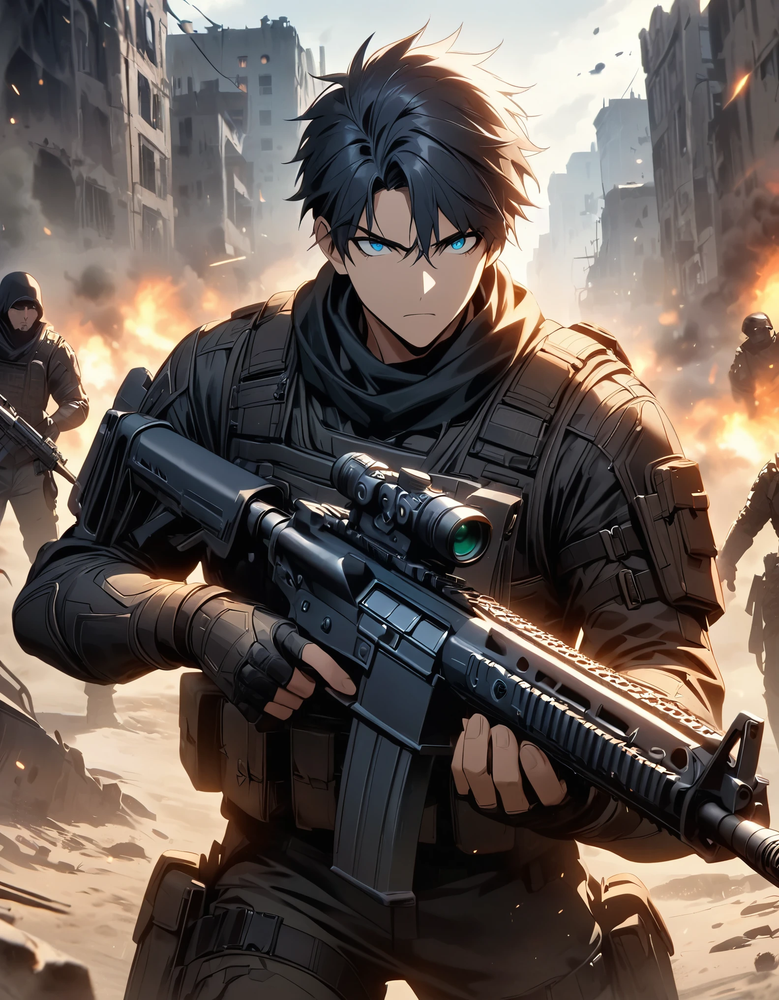 Masterpiece, best quality, 1 man, 30 year old man, focus man, alone, alone focus, black hair, Turquoise eyes, black bulletproof vest, Mercenaries, (holding an assault rifle), Standing position, Standing shooting position, Battlefield backdrop, War zone, serious, solemn face, Dangerous atmosphere,Make it a movie style poster with a title "Gate invocando america 2099".