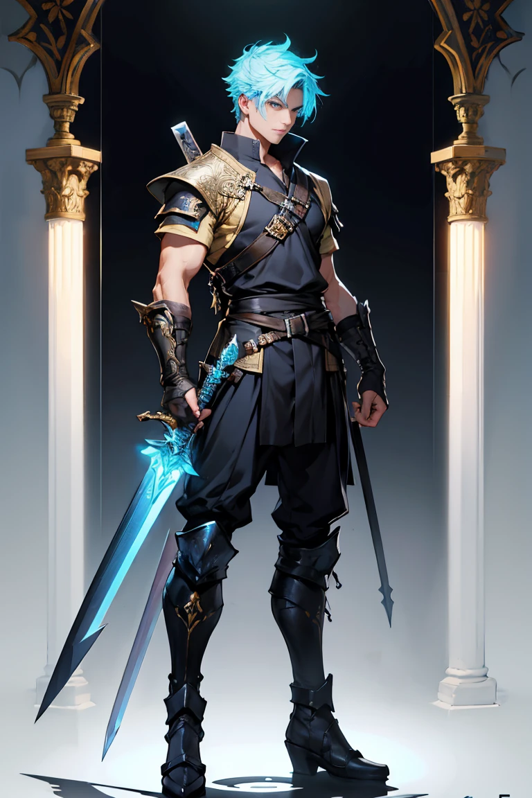make a male warior holding a glowing sword ( full body)
