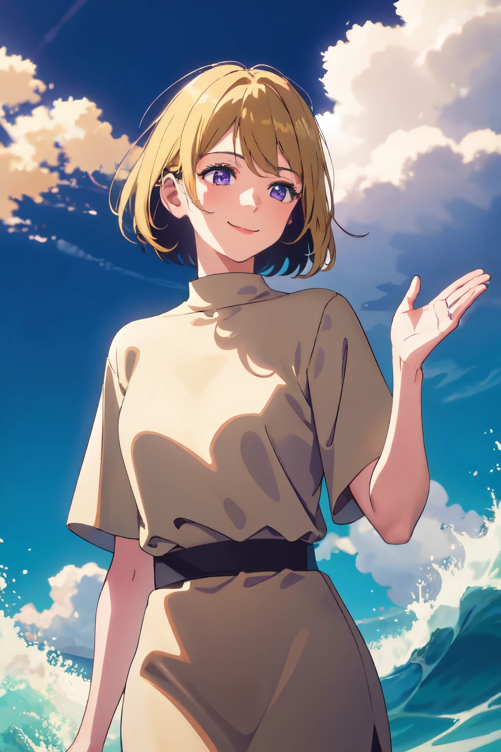 Girl with short haircut blonde hair in beige dress, beautiful advanced background in purple color, Ultra-high image quality, looks away from the camera, cheerfully waves her hands and smiles.
