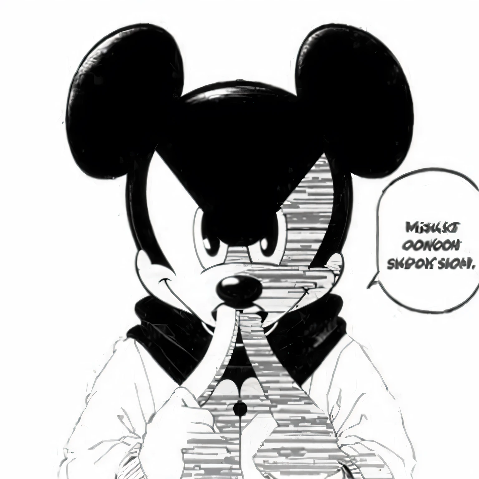 Mickey Mouse is a cartoon character with a speech bubble, Mickey Mouse, por Osamu Tezuka, ( ( ( Mickey Mouse ) ) ), por Akira Toriyama, Disney and kyoto animation, ratón antropomorfo, inspired por Osamu Tezuka, portrait of Mickey Mouse, Disney!!, Tezuka Osamu, Disney cartoon